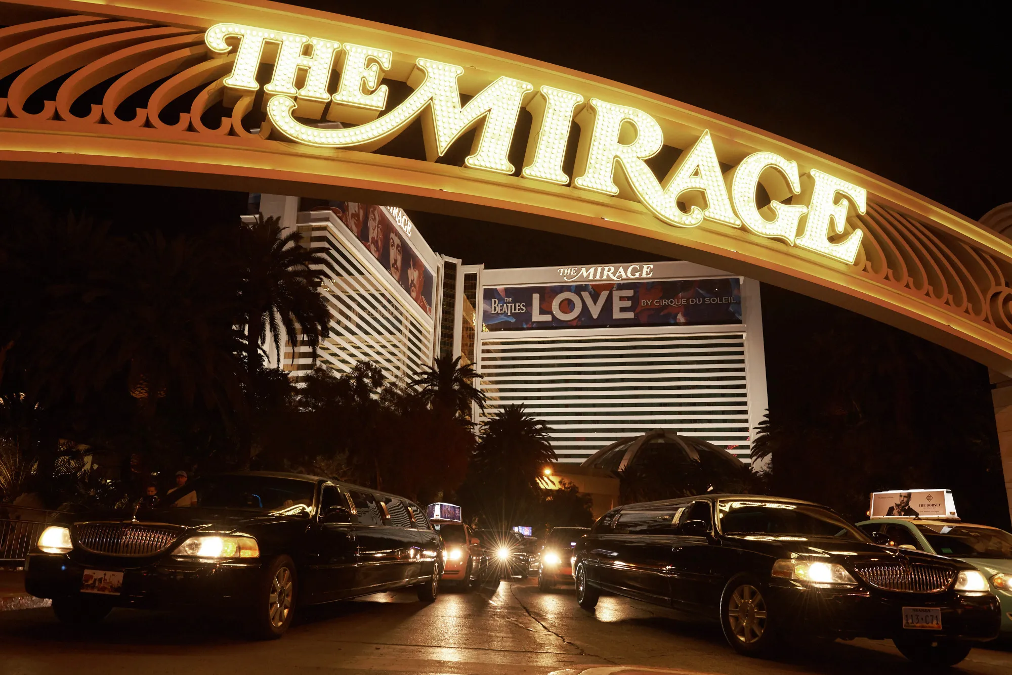 Limousines exit the Mirage Resort &amp; Casino in Las Vegas.