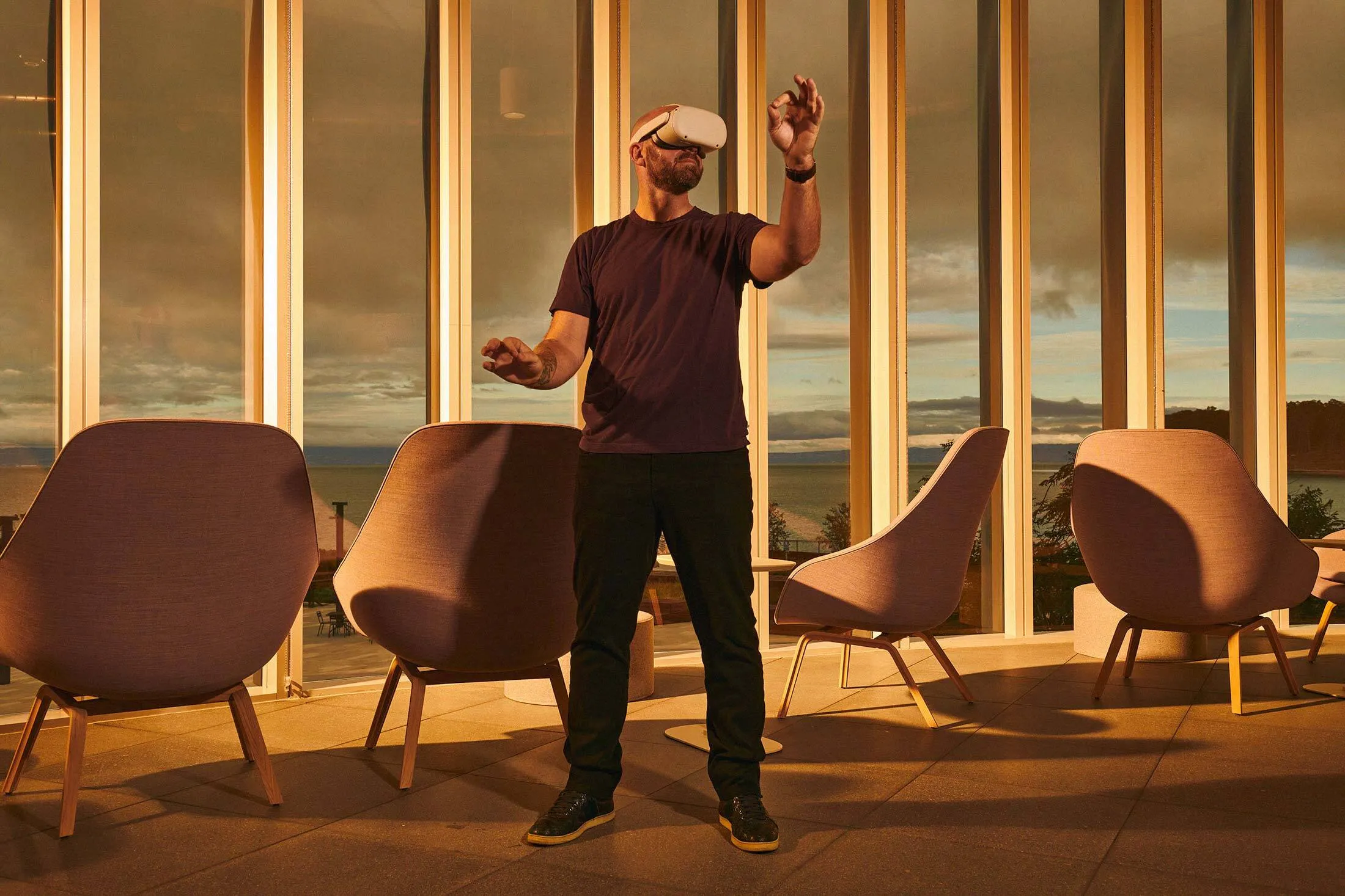 Oculus VR headsets, such as the one worn by Bosworth at Facebook’s Burlingame Point offices, are expected to be a key part of the metaverse.