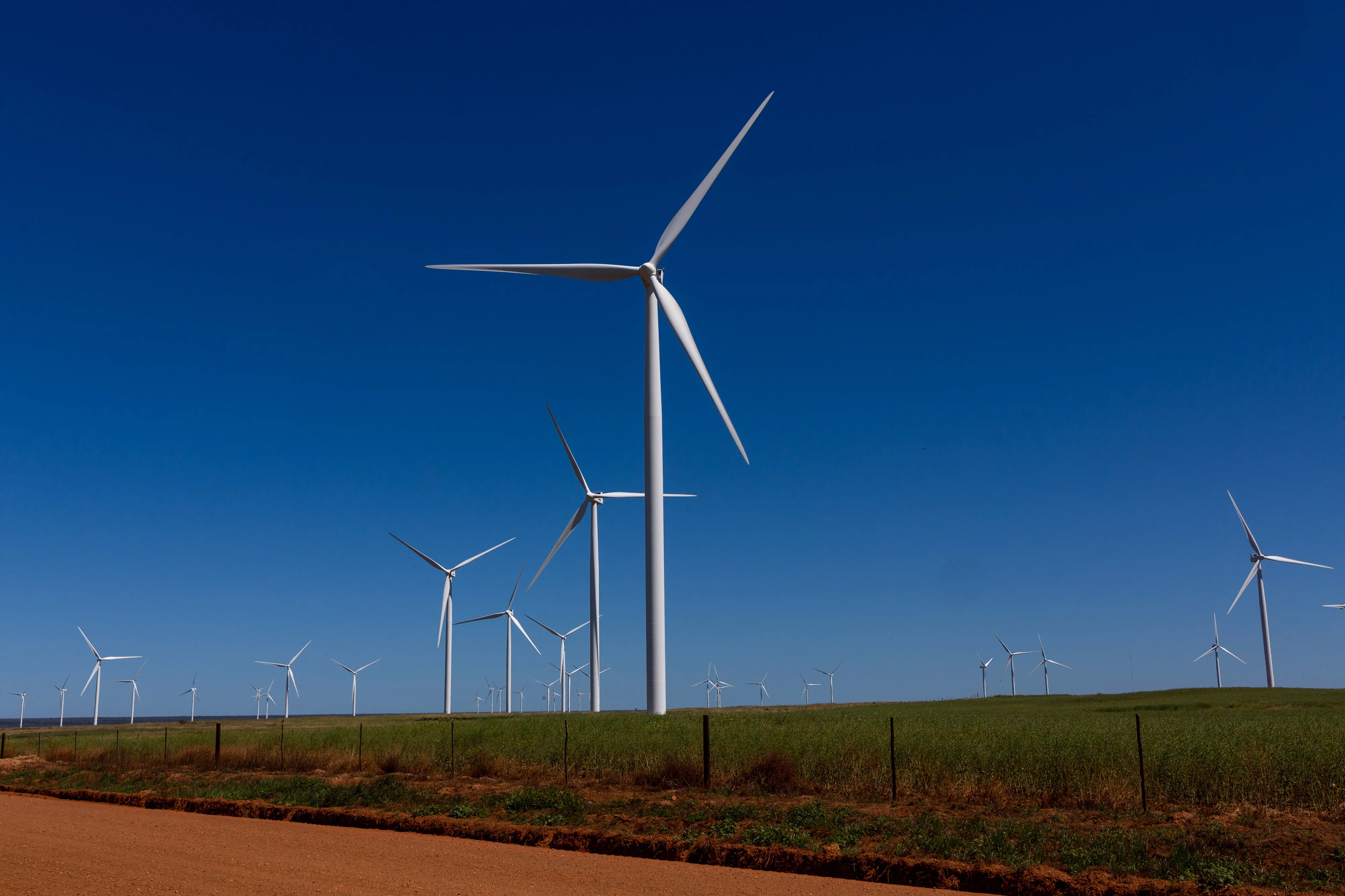 Wind turbines operate in a wind farm in South Africa.