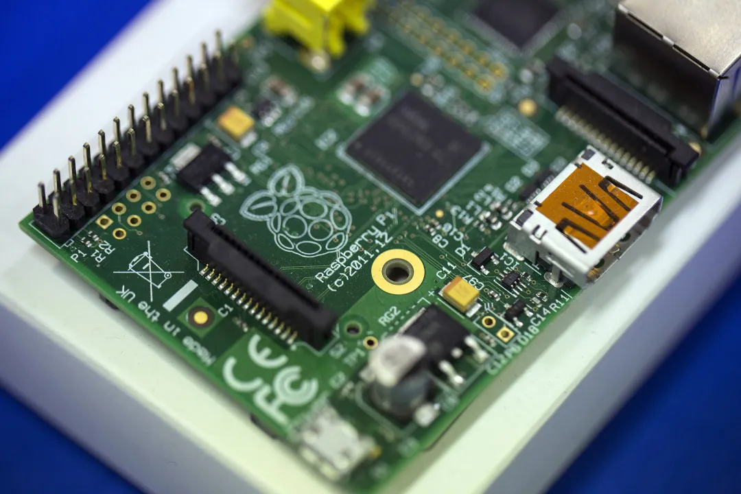 A&nbsp;Raspberry Pi printed circuit board of a single-board computer.