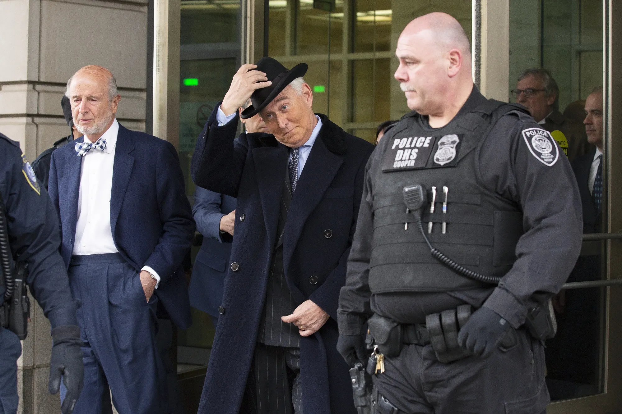 Roger Stone exits federal court in Washington, D.C., on Feb. 20, 2020.&nbsp;