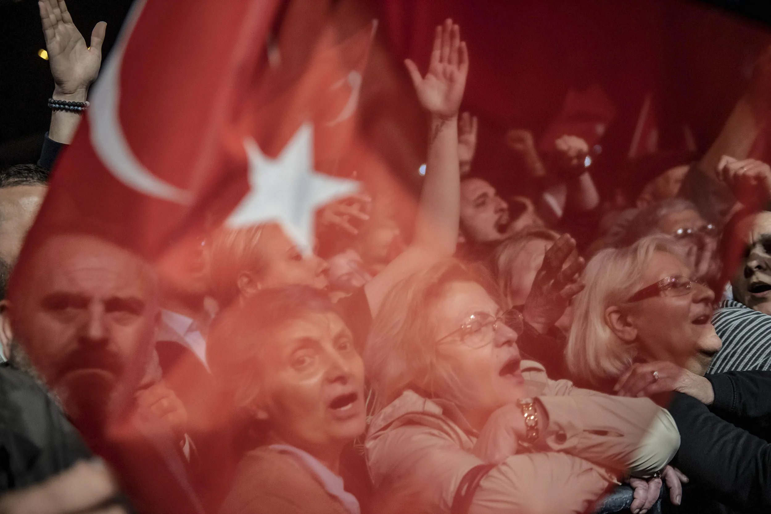 Supporters of Istanbul Mayor Ekrem Imamoglu react as they wait for him during a protest against the rerun of the mayoral election on May 6, 2019.