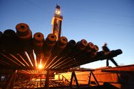 An oil rig and drill pipes, near Nizhnevartovsk, Russia.