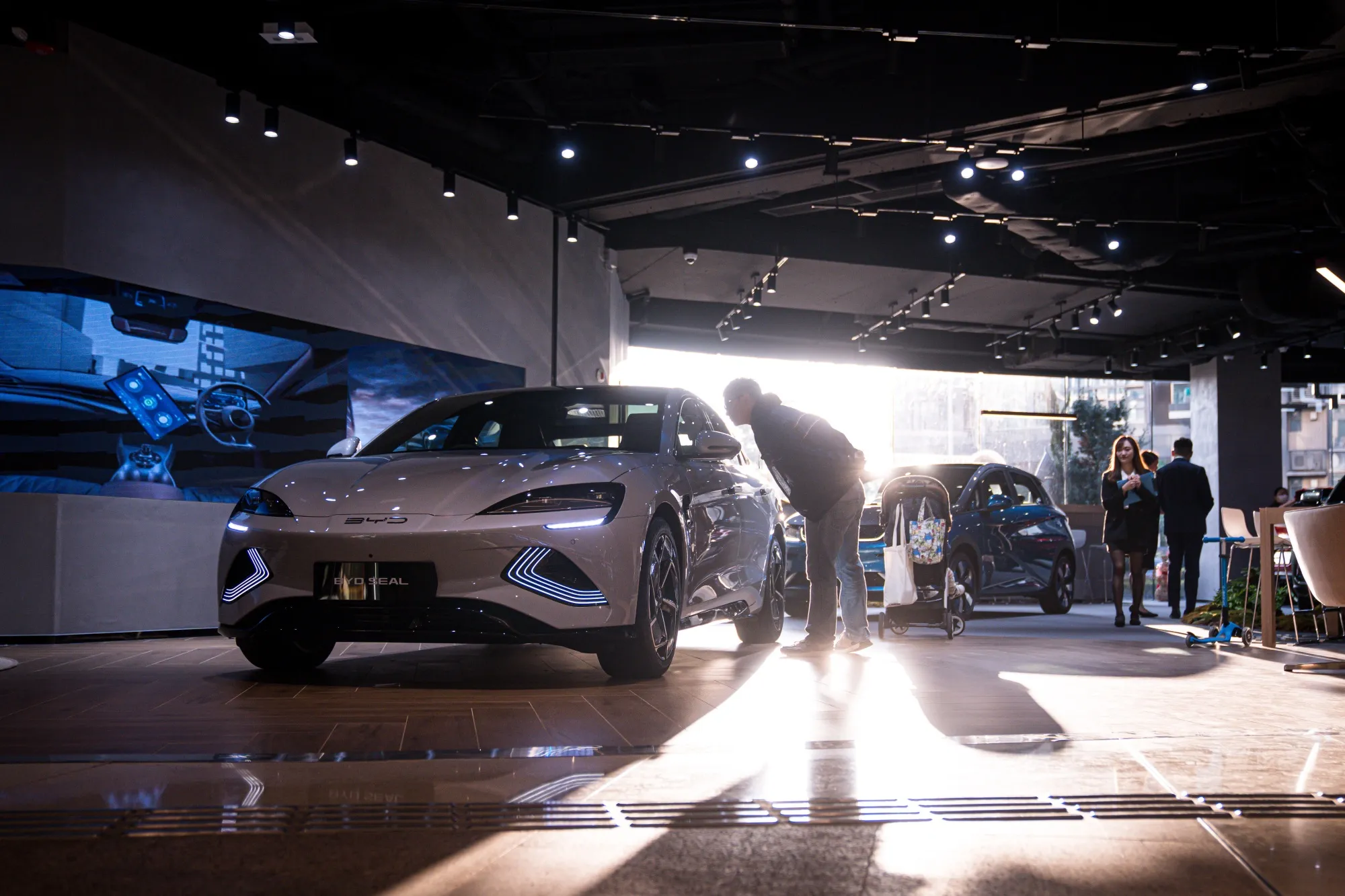 A BYD Seal electric sedan at a showroom in Hong Kong.