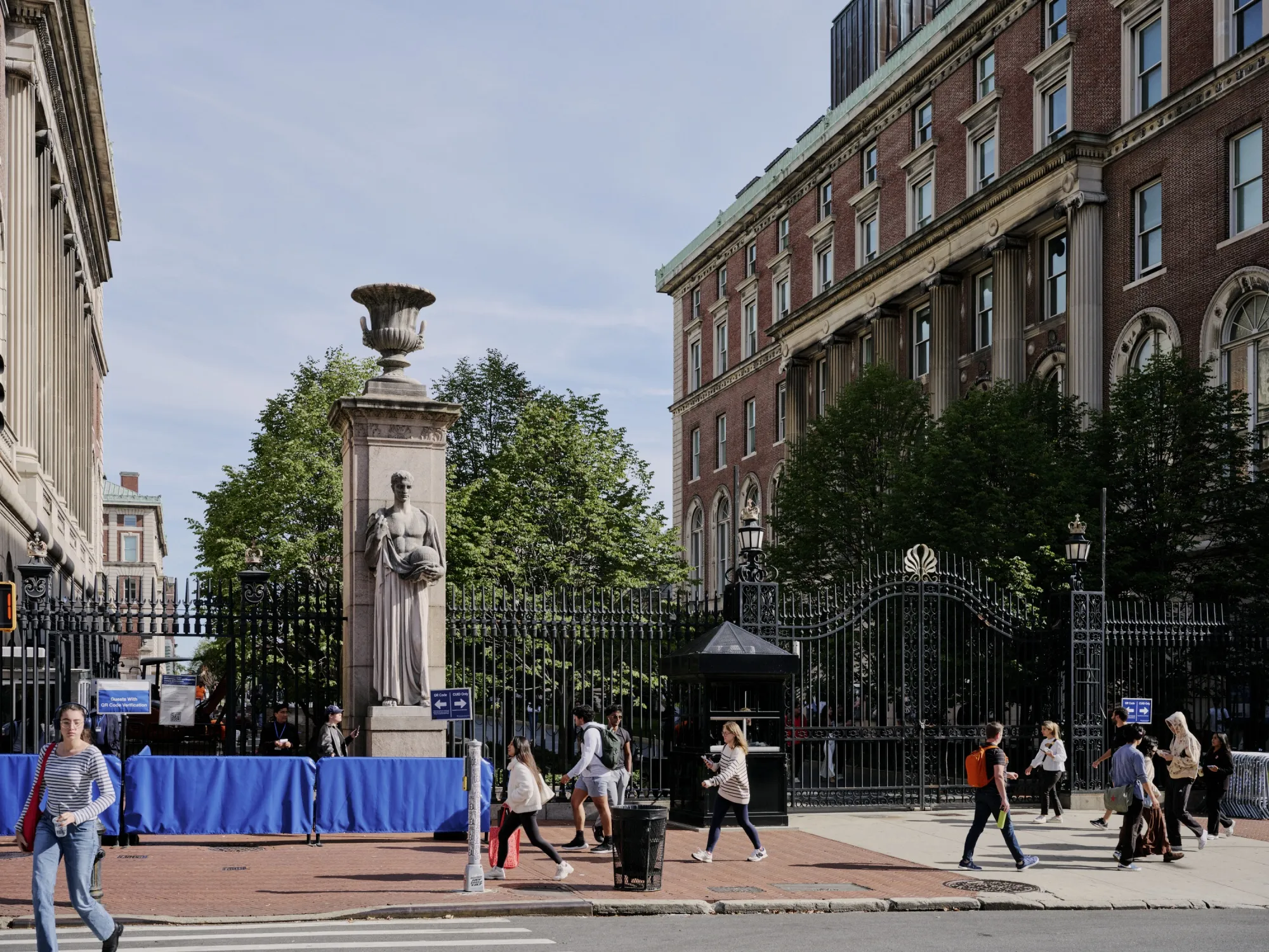 The gates to Columbia University at 116th Street and Broadway, now with security checkpoints and campus safety booths. October 2, 2025.