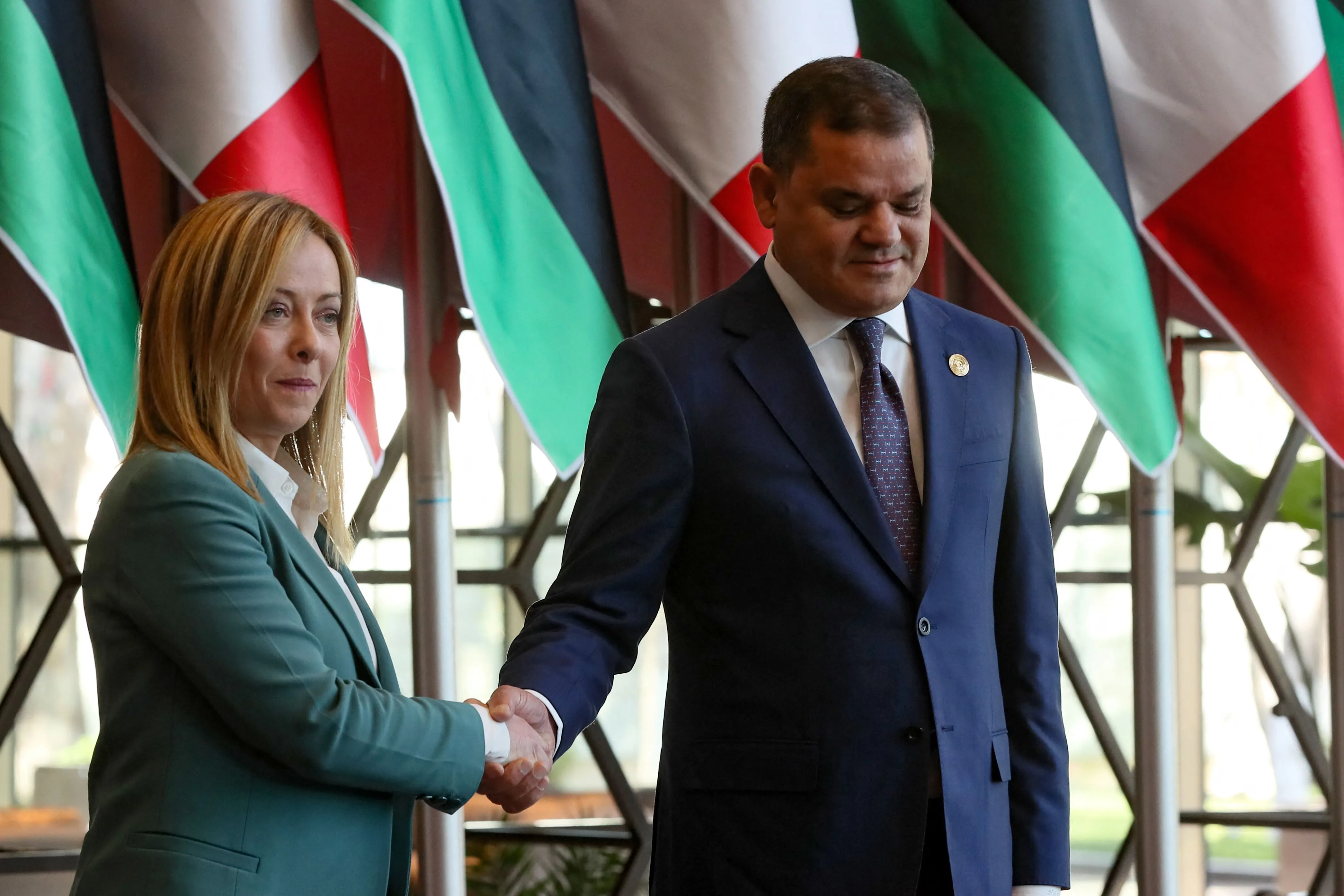 Abdulhamid Dbeibah receives Giorgia Meloni, in&nbsp;Tripoli, on Jan. 28.