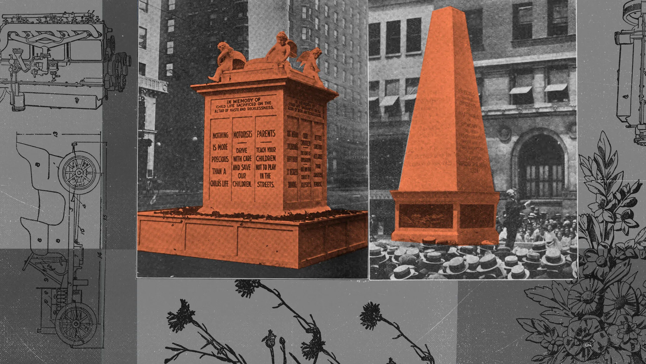 In the early 1920s, cities like Baltimore (right) and St. Louis (left) erected elaborate temporary memorials to victims of motor vehicle crashes —&nbsp;mostly pedestrians, and often children.&nbsp;
