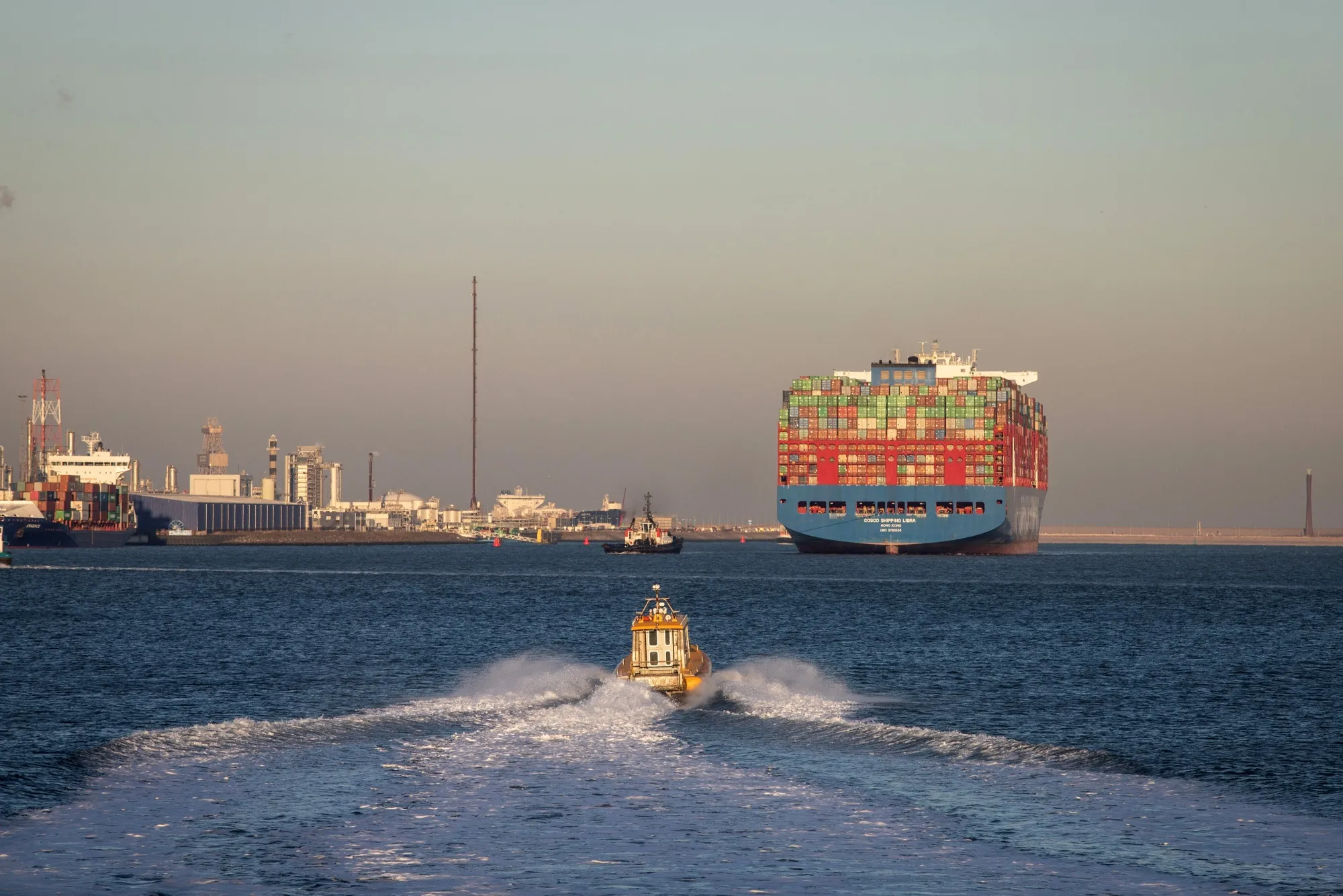 The Cosco Shipping Libra container ship departs the Port of Rotterdam in Rotterdam, Netherlands.