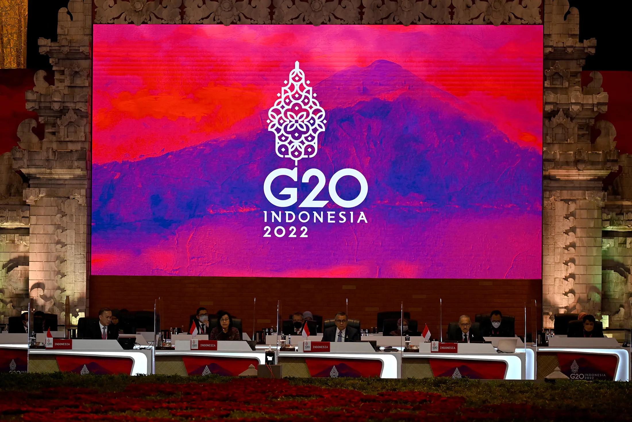 Sri Mulyani, second left, delivers her speech during the G20 Finance Ministers Meeting in Nusa Dua,&nbsp;Bali, on July 15.