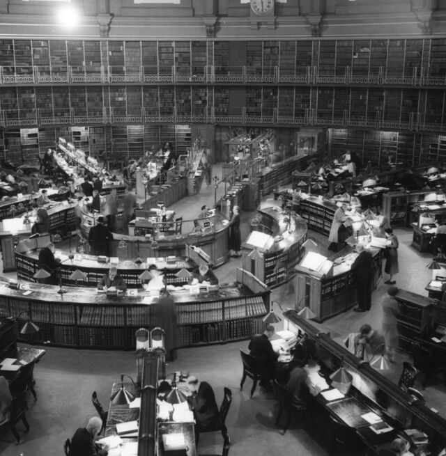 Readers and museum staff inside the Reading Room in 1952.