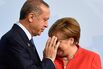 Merkel greets Erdogan at the G-20 summit meeting in Hamburg on July 7.