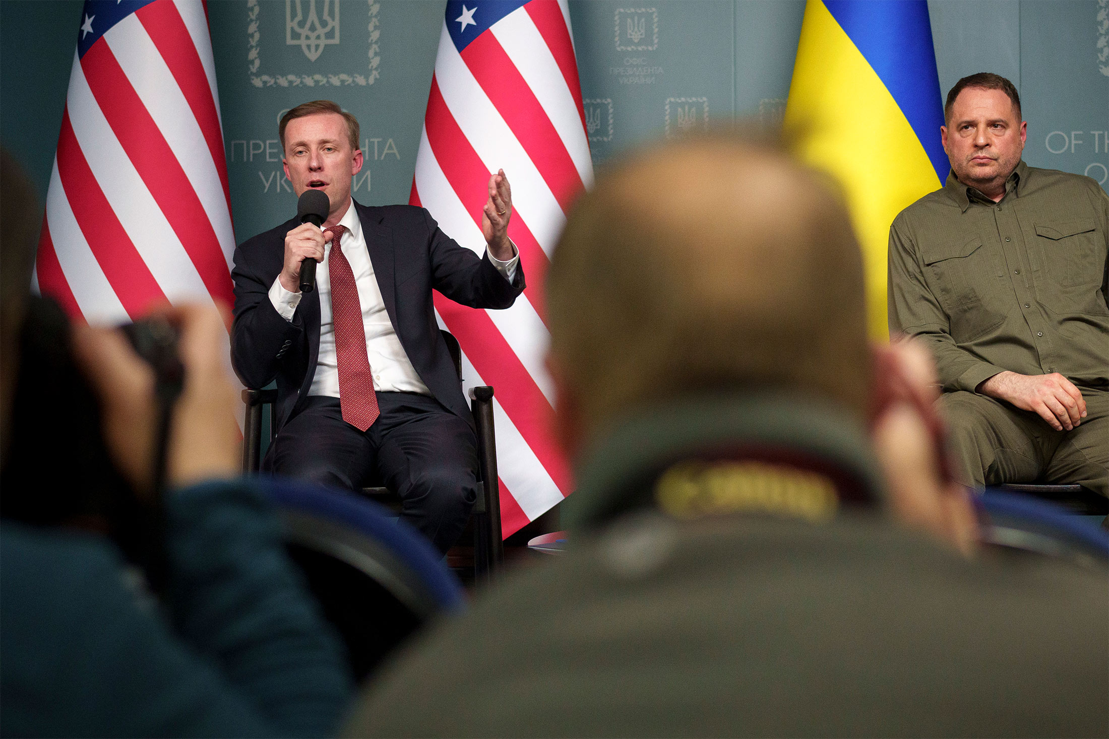 Jake Sullivan, left, speaks during a joint news conference with&nbsp;Andriy Yermak, head of the Office of the President of Ukraine, in Kyiv on March 20.
