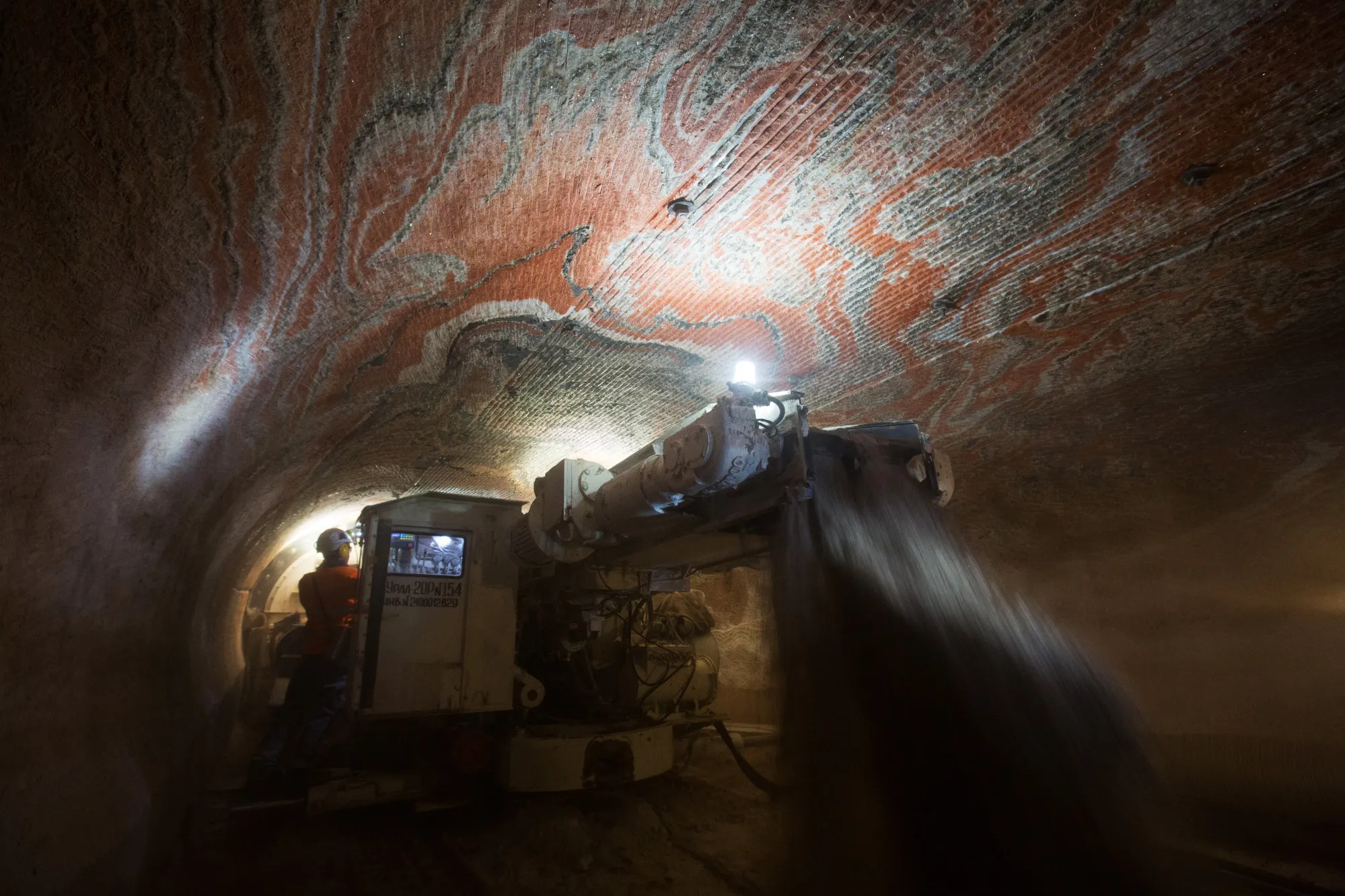Rock drilling in the underground potash mine, operated by EuroChem Group AG, in Perm, Russia.