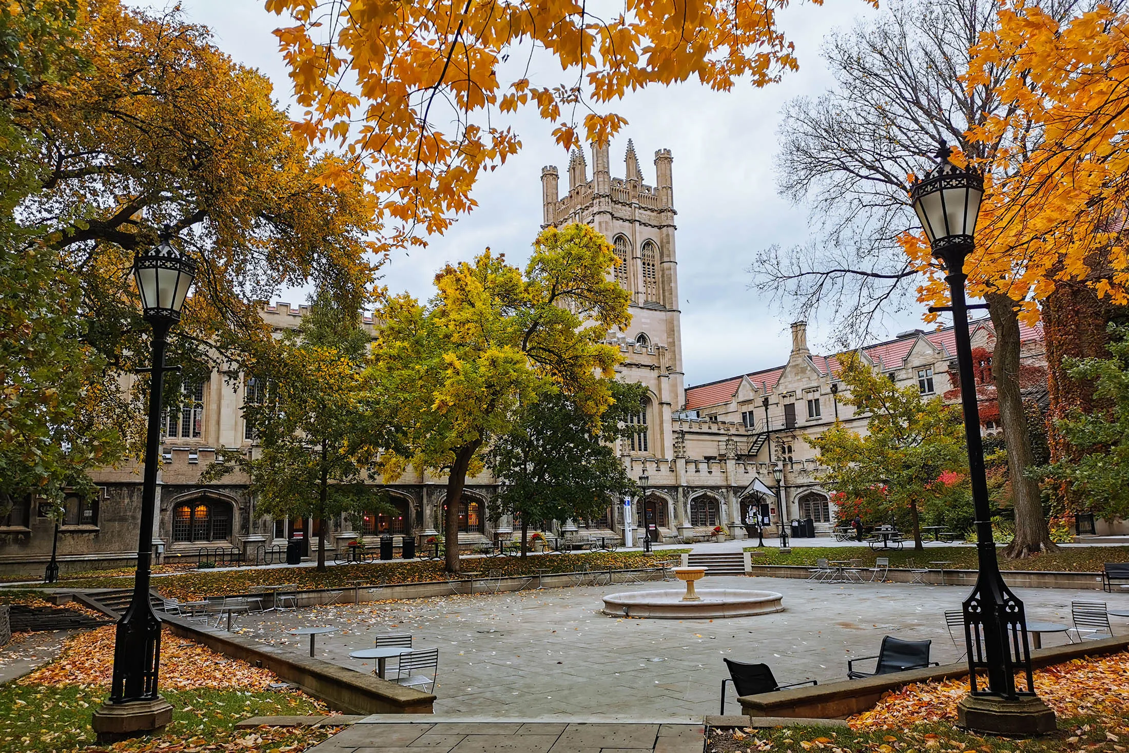 Hutchinson Courtyard and Mitchell Tower at the University of Chicago.