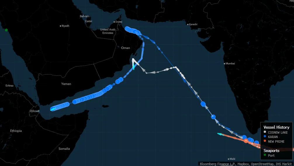 Very large crude carriers diverting to Saudi Arabia’s Yanbu oil terminal from the Gulf in March 2026.