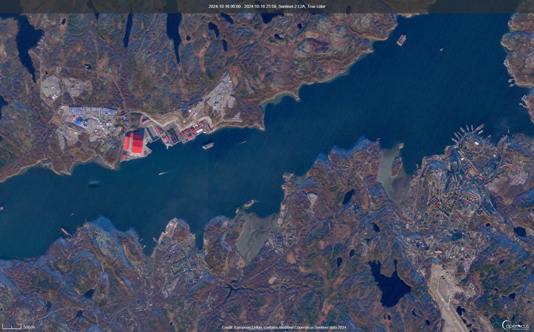 The Belokamenka yard, with the third production train for the Arctic LNG 2 plant still in the dock, in October 2024.