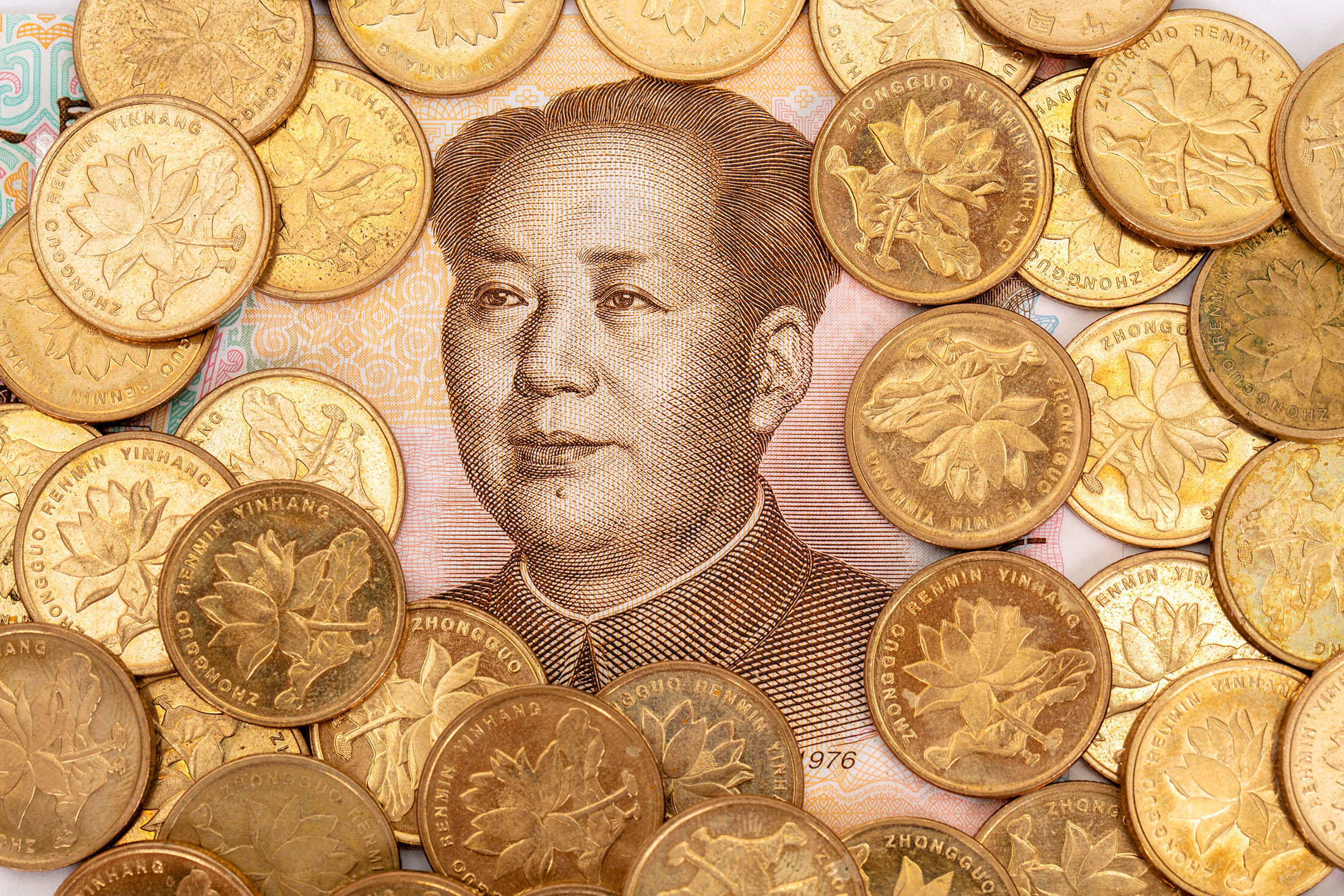 RMB and coins arranged for photography.  On Jan.19,2016,