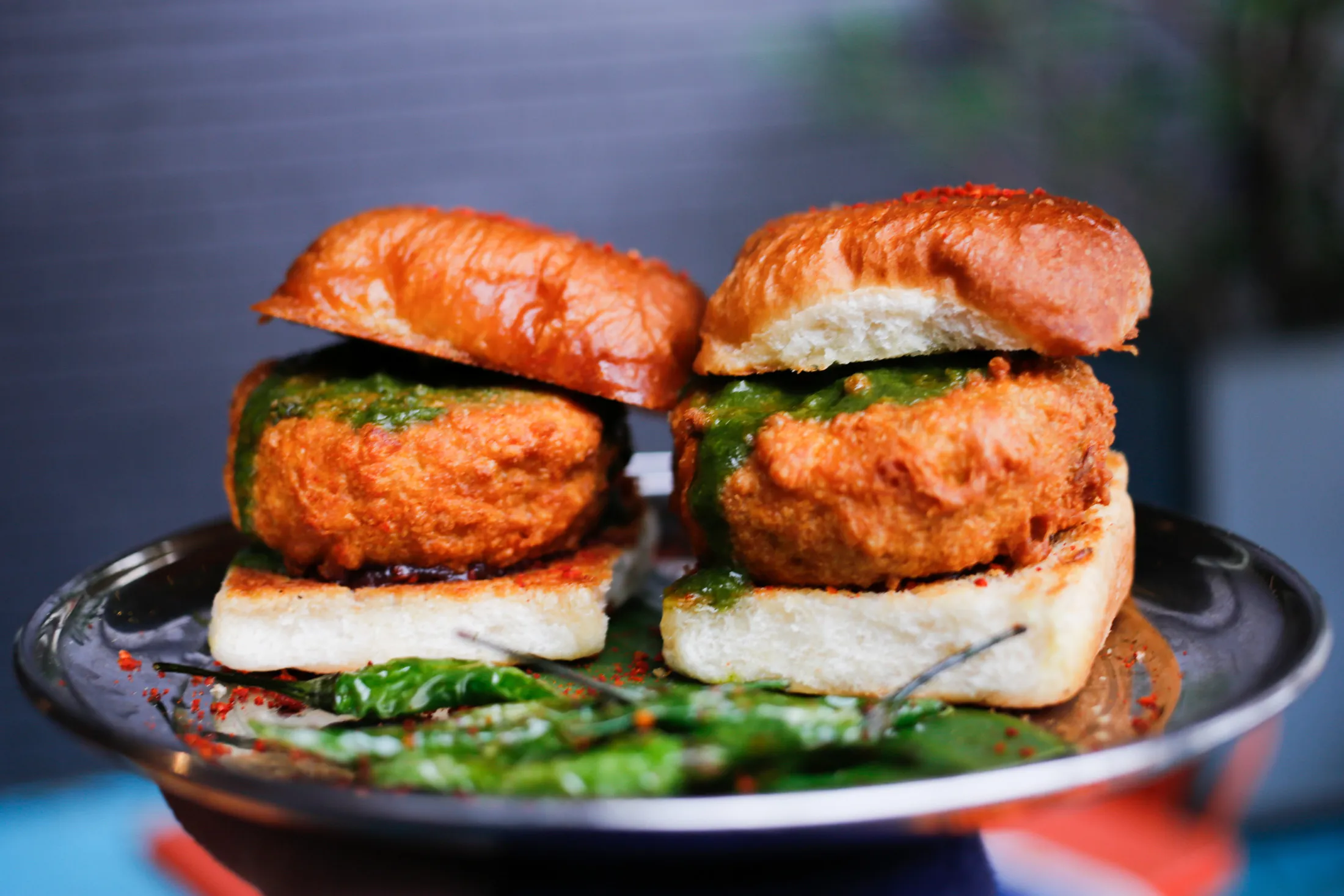 The vadav pav, the popular&nbsp;potato-cake-stuffed sandwich, at Chai Pani.&nbsp;