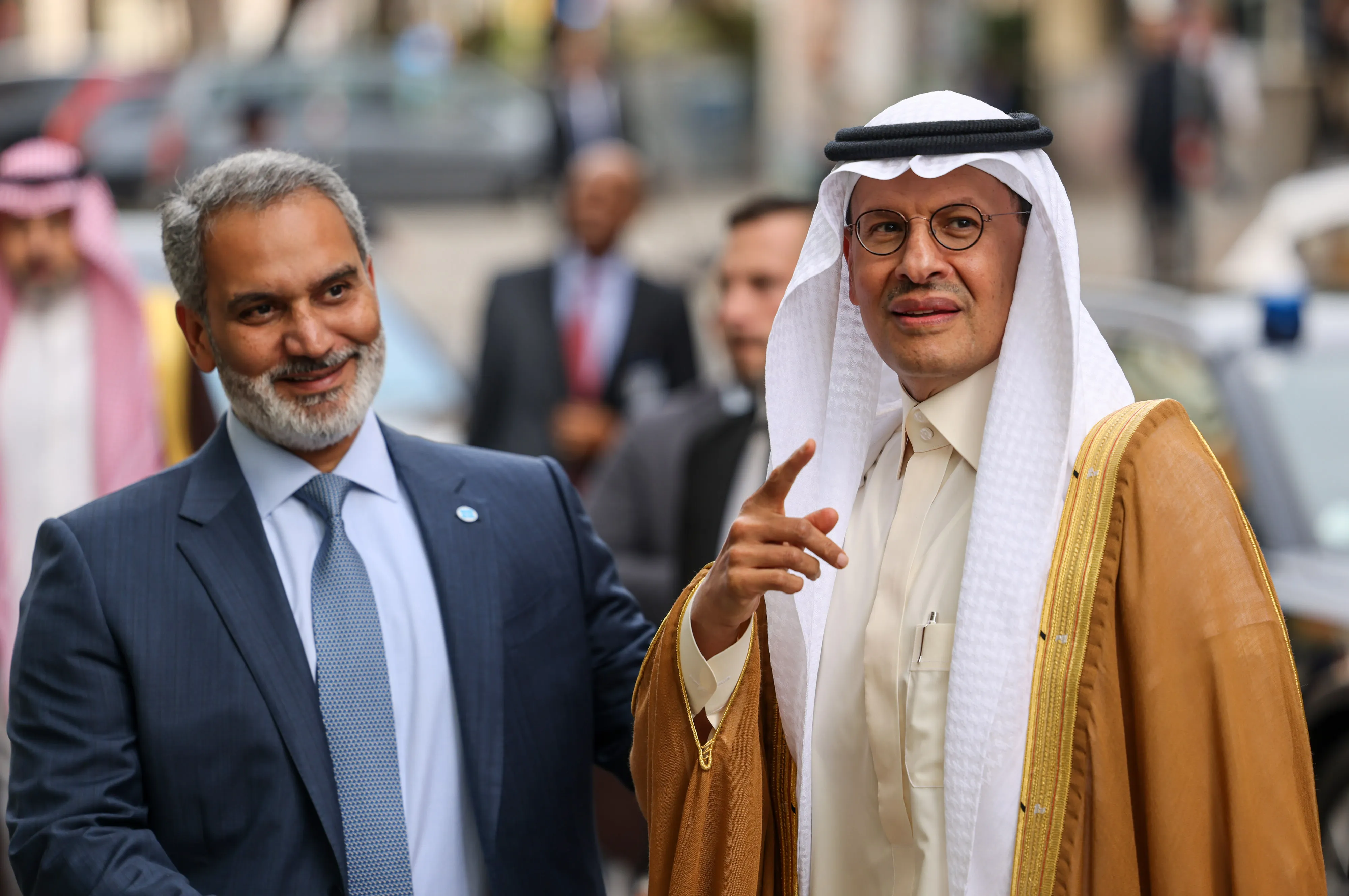 Haitham al-Ghais, secretary-general of Organization of Petroleum Exporting Countries,&nbsp;left, greets Abdulaziz&nbsp;bin&nbsp;Salman, Saudi Arabia's energy minister, as he arrives for the OPEC+ meeting Oct. 5.