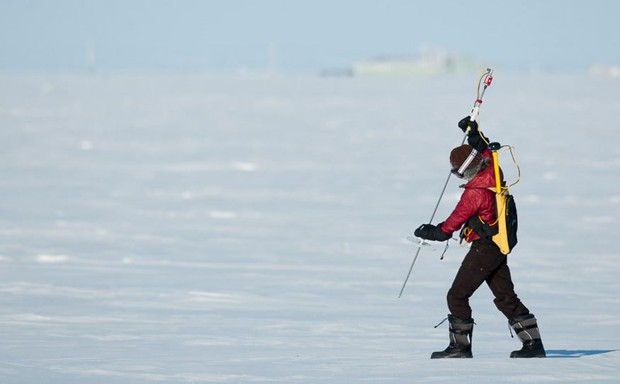 Researcher Melinda Webster tests snow depth on sea ice in 2012 near Barrow, Alaska.