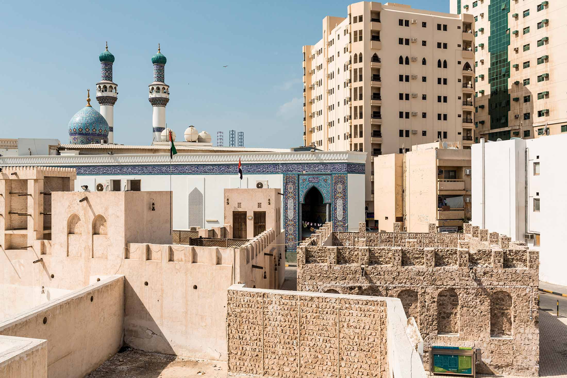 Early 19th century buildings made of bricks hewed from coral in the historic district of the United Arab Emirates’ Sharjah.