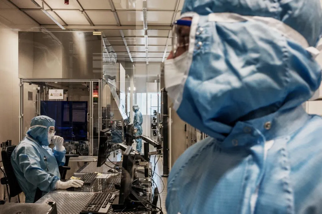 Sitec&nbsp;employees in the clean rooms of the factory, in Bernin, near Grenoble, France.