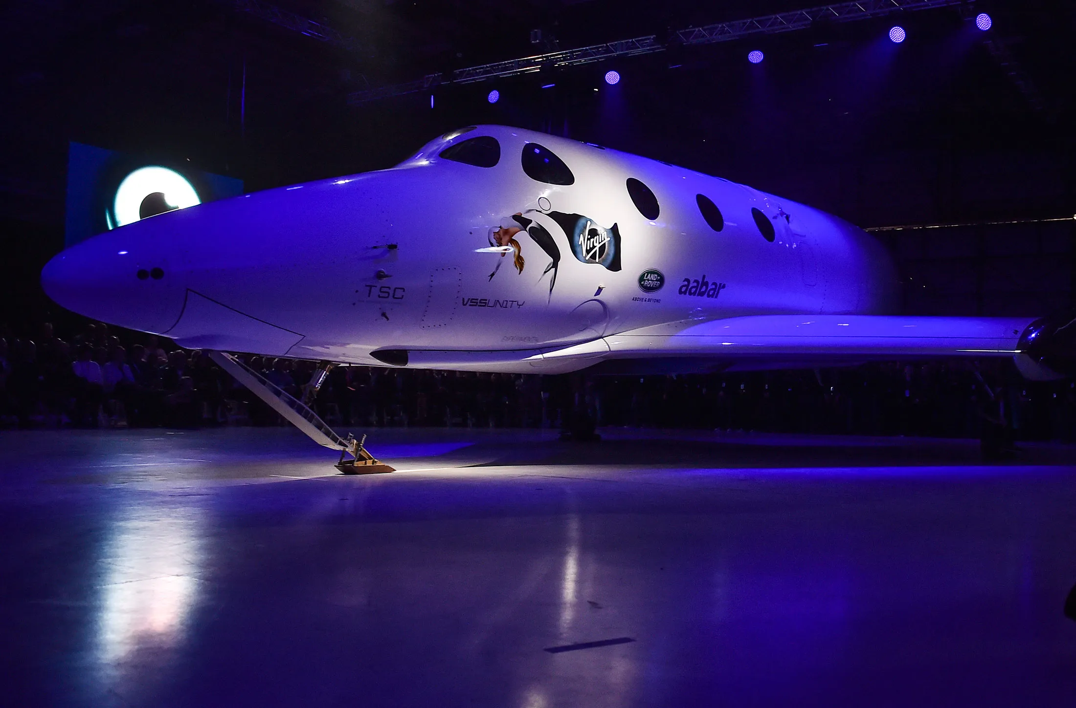 Virgin Galactic's SpaceShip Two VSS Unity spaceship during its roll-out ceremony at the Mojave Air and Space Port in February.

