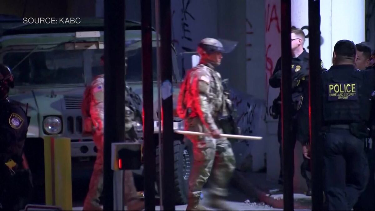 National Guard troops stationed along Alameda Street in Los Angeles, CA