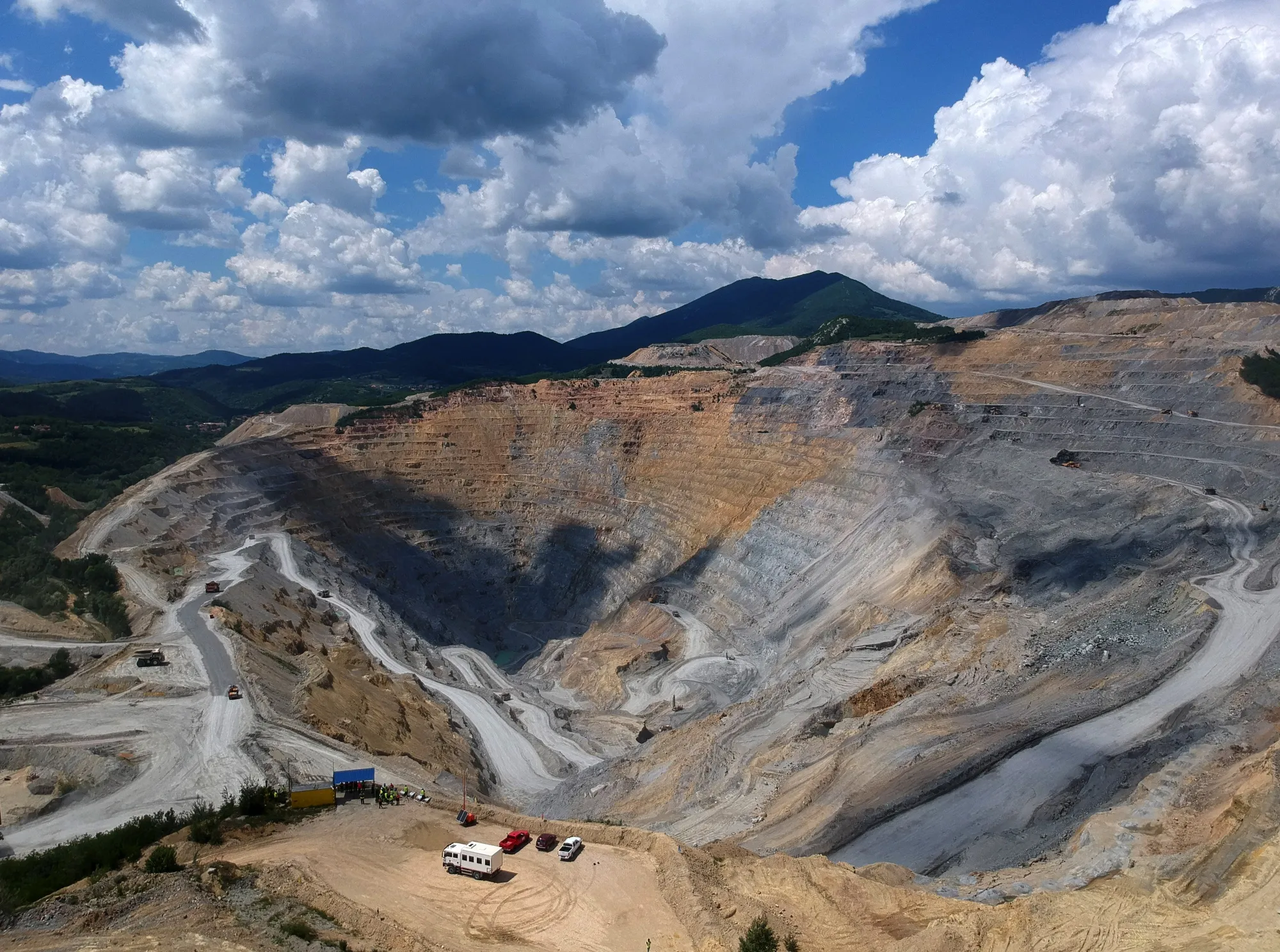 The excavated terrain of the Veliki Krivelj open pit copper mine, operated by Zijin Mining Group Co., in the Bor Region, Serbia.