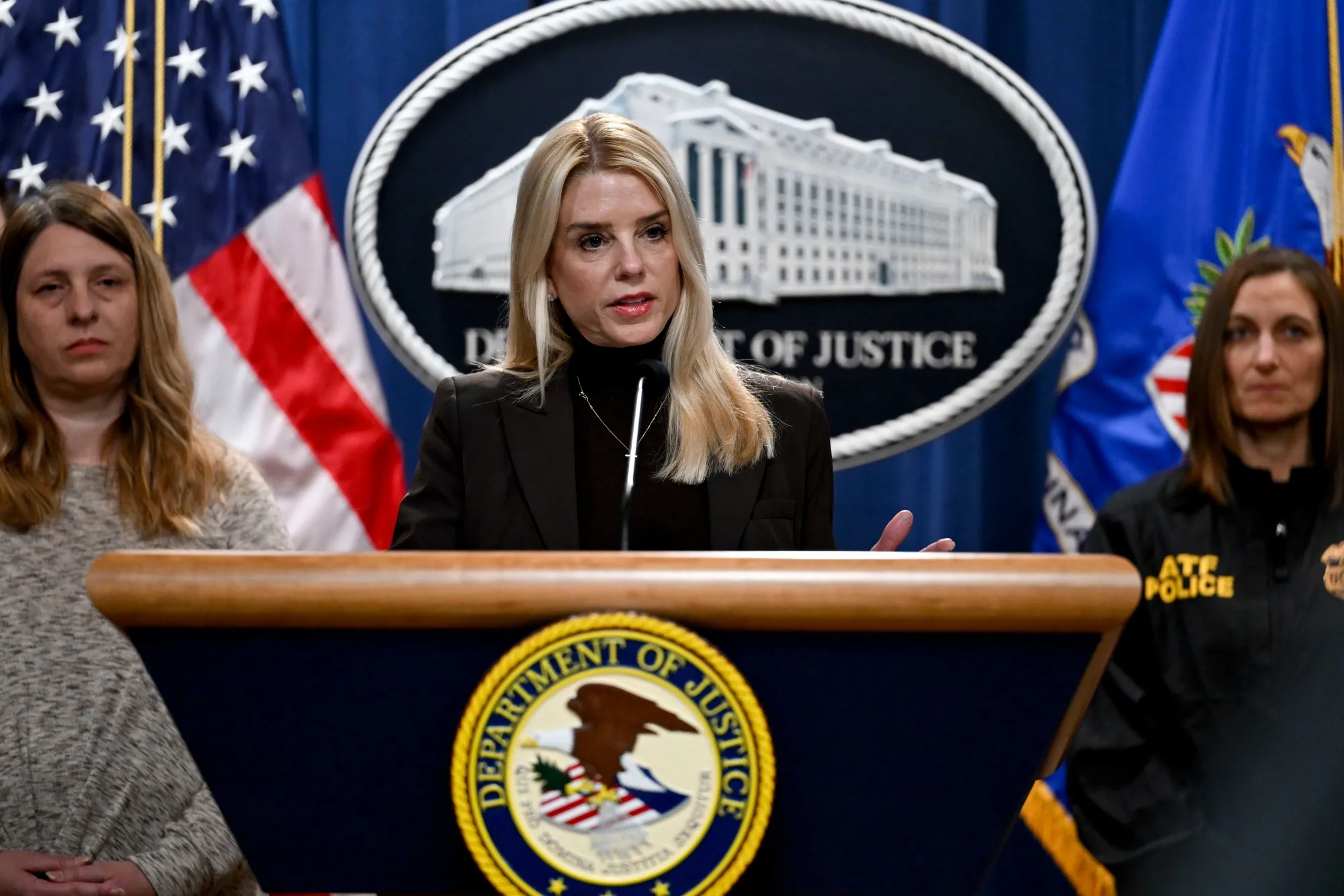 Pam Bondi, US attorney general, speaks during a news conference at the DOJ&nbsp;in Washington, DC on Wednesday, Feb. 12, 2025.