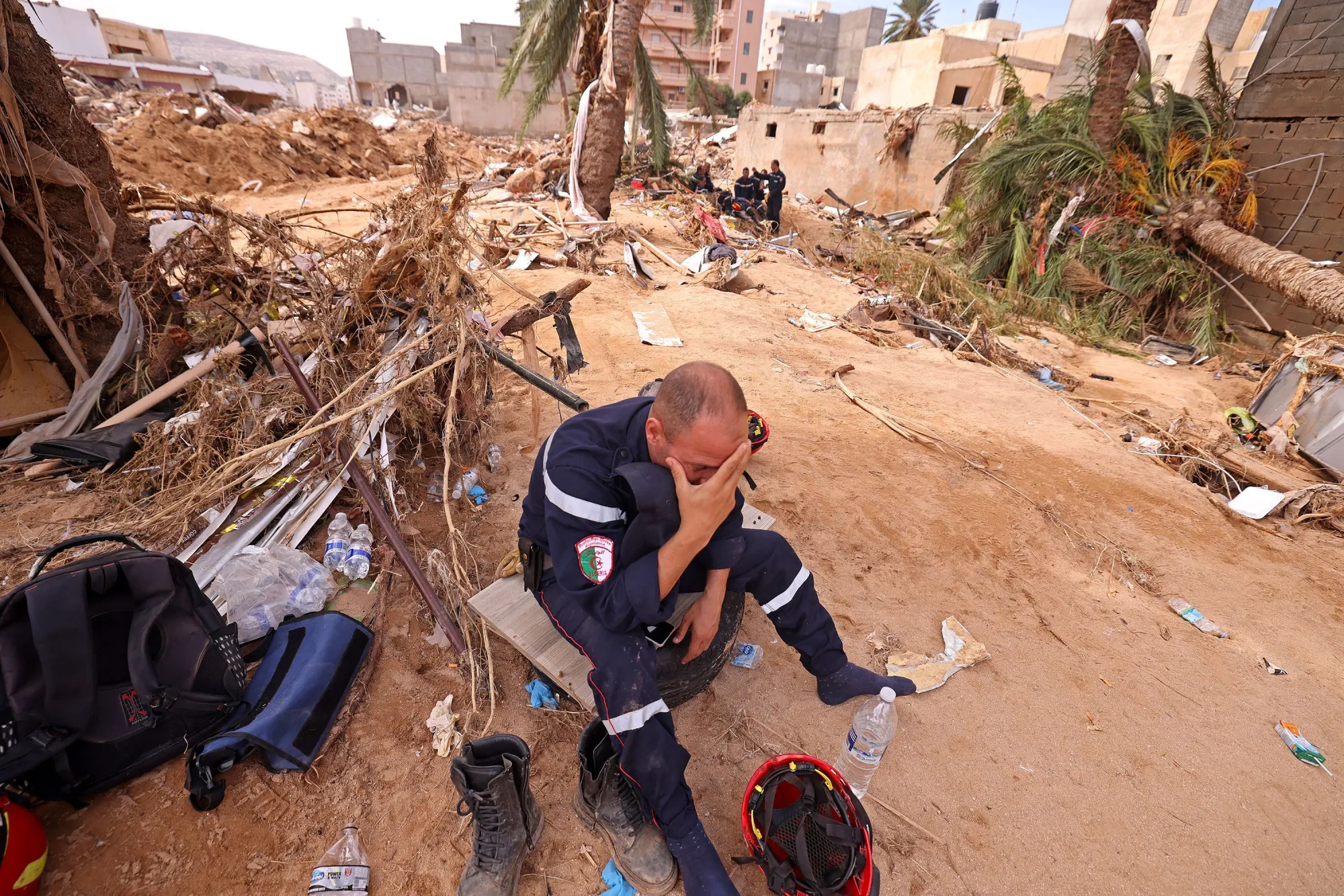 A member of the Algerian Rescue Team in Libya’s eastern port city of Derna on Sept.&nbsp;17&nbsp;following deadly flash floods.
