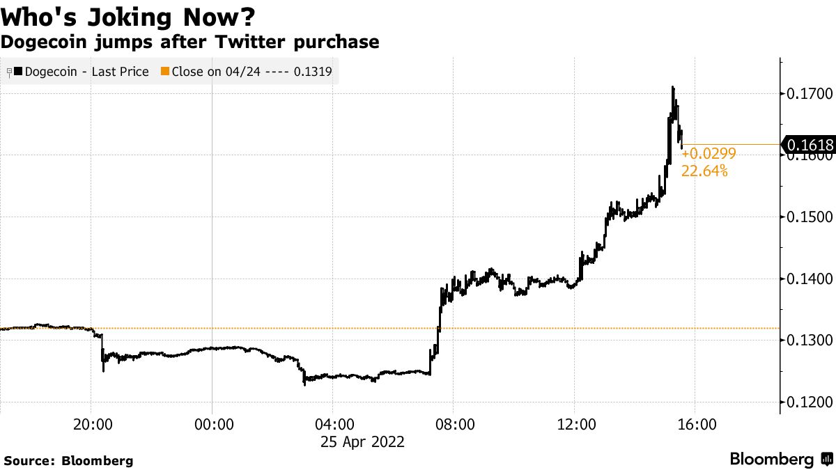 ドージコイン急騰、支持派マスク氏のツイッター買収合意が手掛かり - Bloomberg