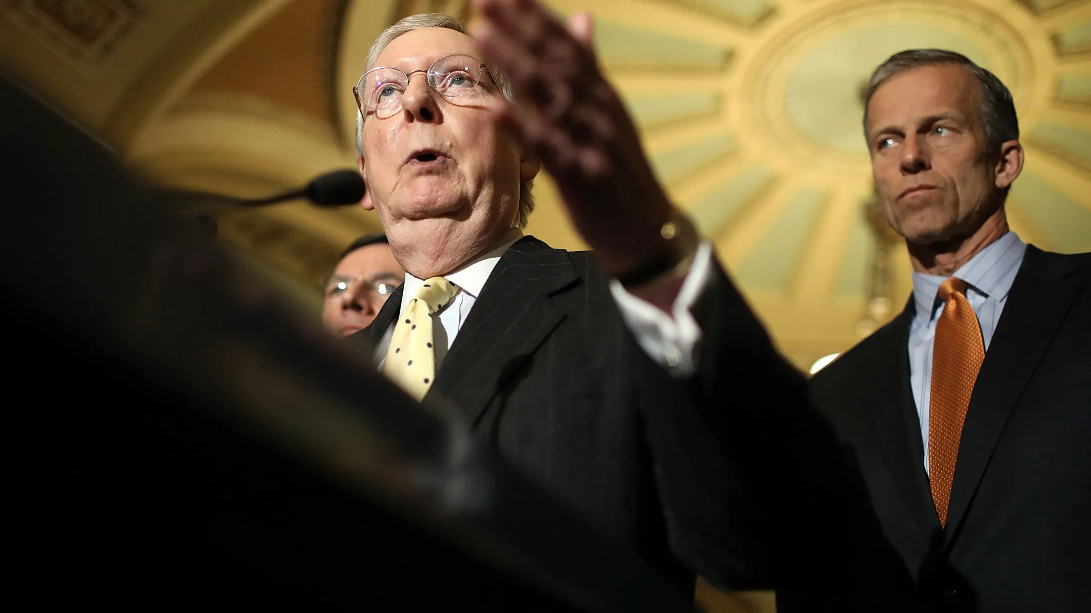 Senate Majority Leader Mitch McConnell answers questions from reporters at the U.S. Capitol on April 25, 2017, in Washington.
