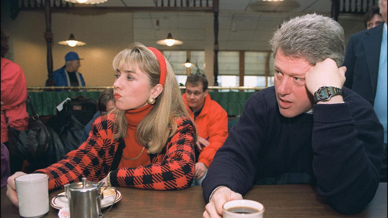 Democratic presidential candidate Bill Clinton and his wife, Hillary Clinton, make a campaign stop in Bedford in a picture dated Feb. 16, 1992.
