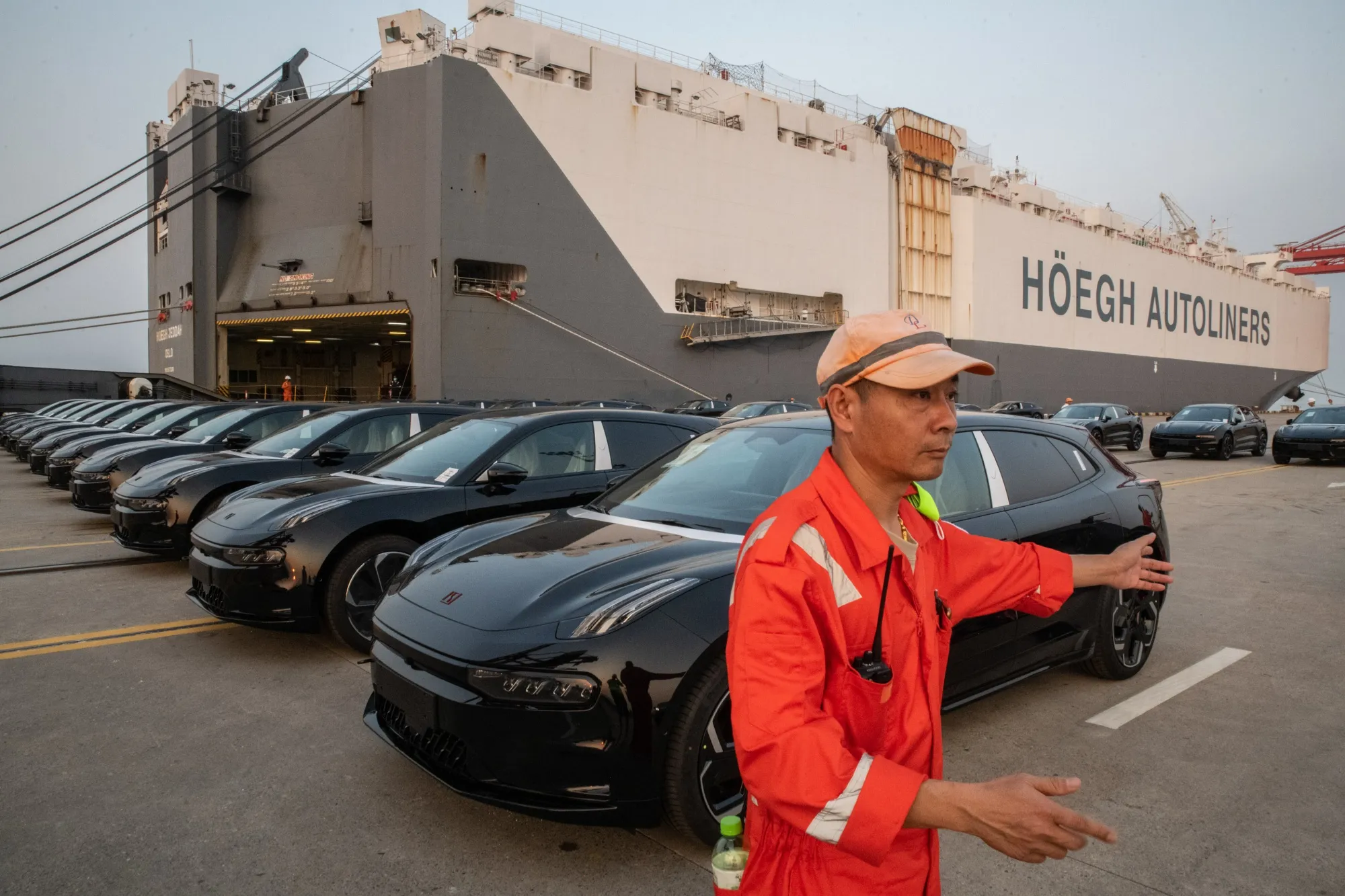 Electric vehicles bound for shipment at the Port of Taicang in China.