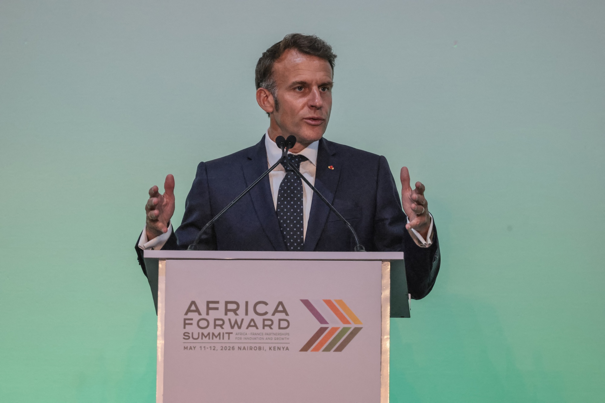 France's President Emmanuel Macron speaks druing the opening plenary session of the Africa Forward Summit in Nairobi on May 12.