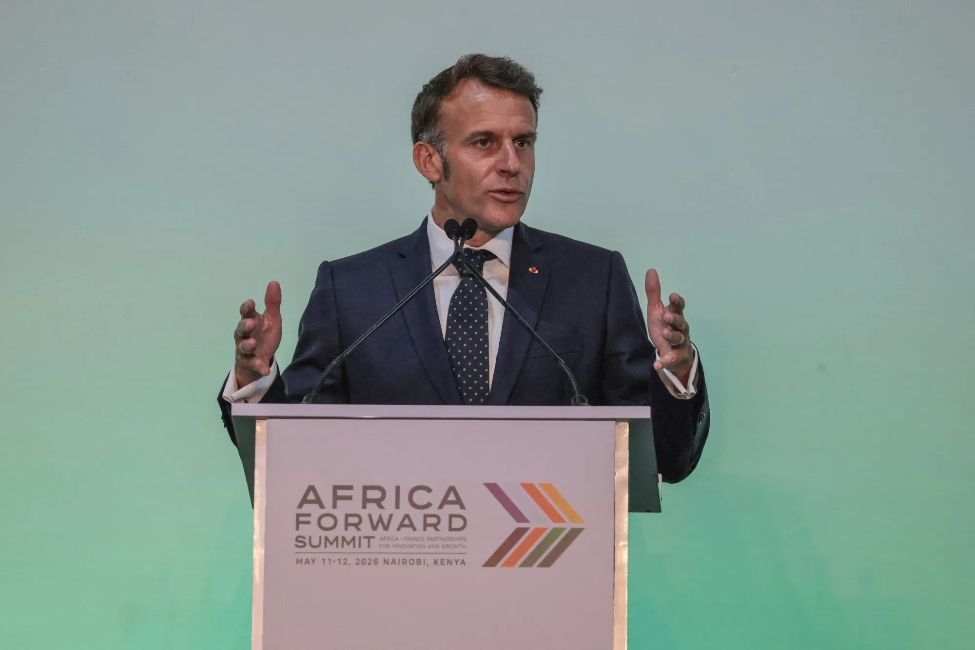 President Emmanuel Macron speaks during the Africa Forward Summit in Nairobi, on May 12.