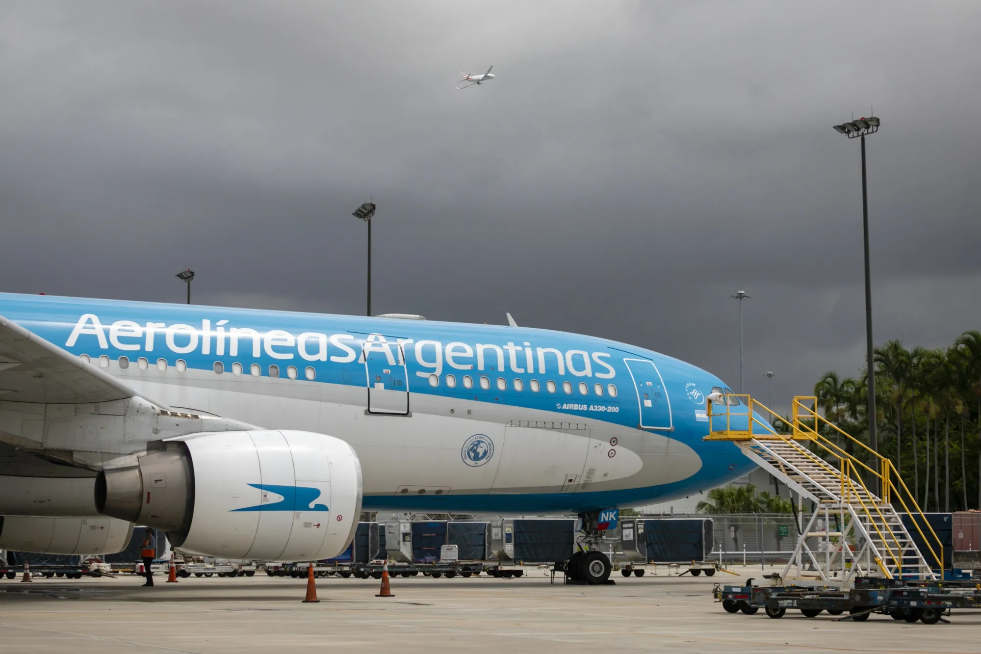 A passenger aircraft operated by Aerolineas Argentinas at Miami International Airport in Miami in 2021.
