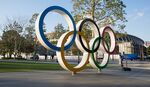 View of the Olympic Rings near the new National Stadium in Kasumigaoka, Shinjuku, Tokyo, Japan.
