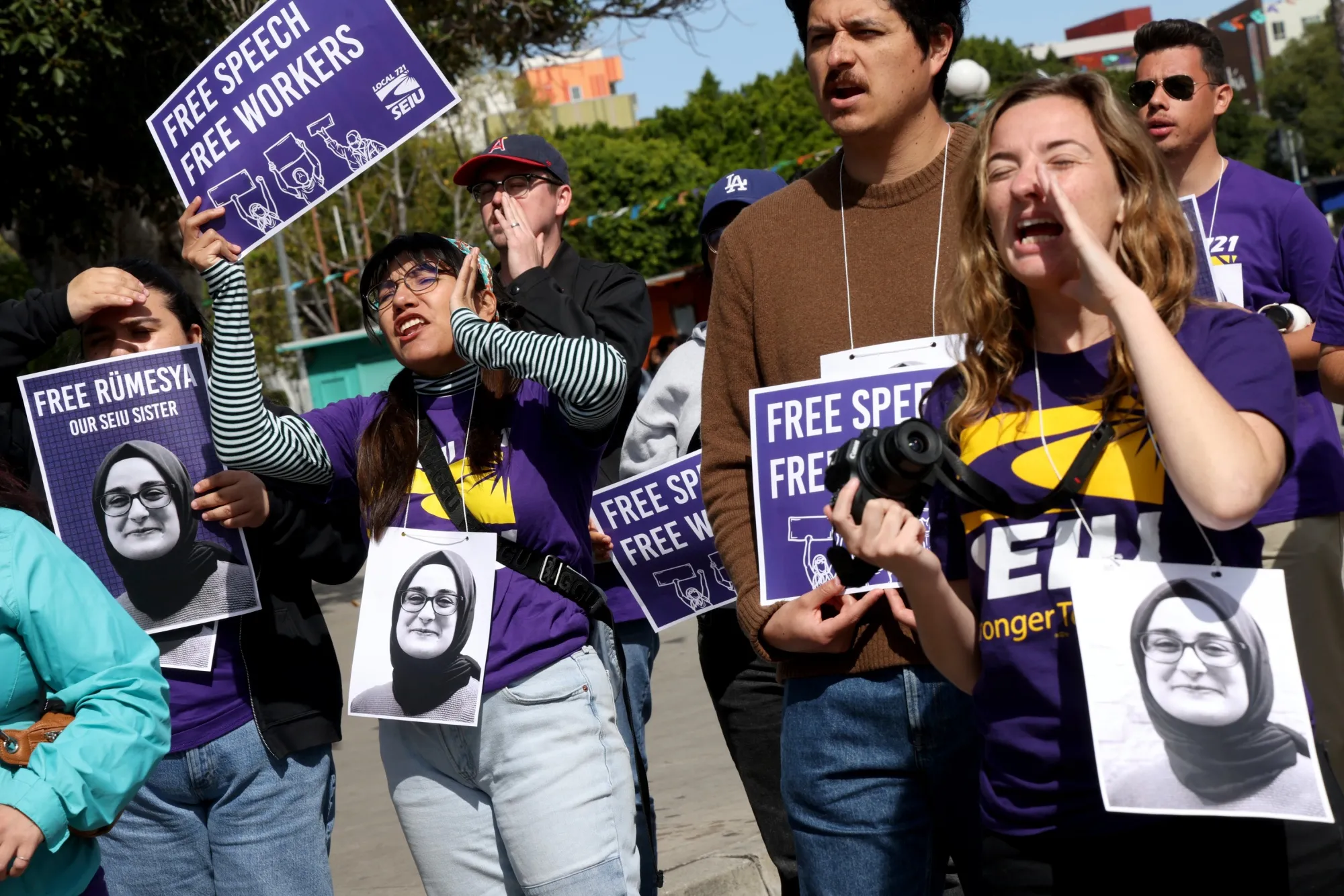 People rally against&nbsp;the arrest of Rümeysa Öztürk in Los Angeles on April 1.