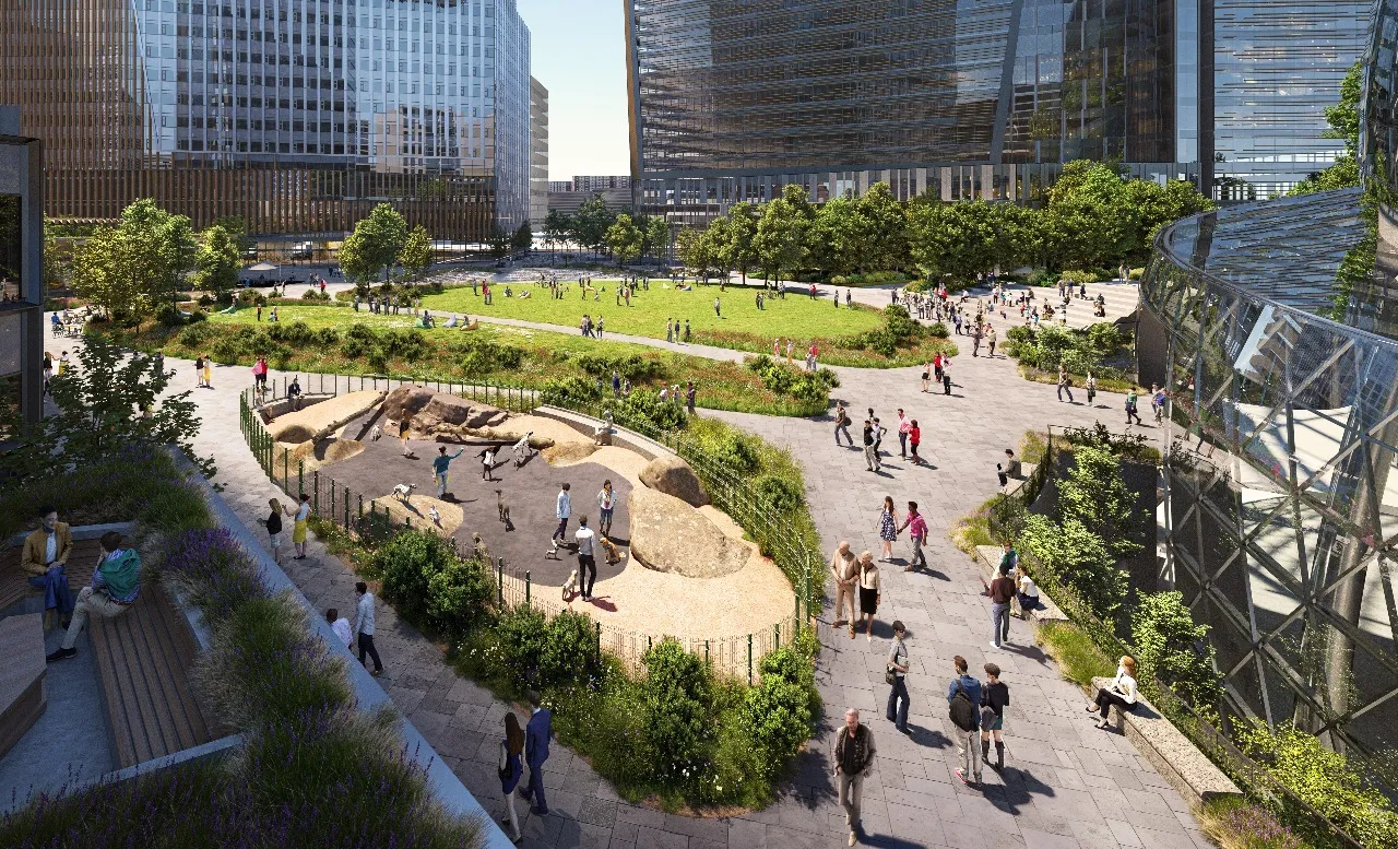Amazon’s HQ2 plans include 2.5&nbsp;acres of public green space, a dog run and a 250-seat amphitheater.&nbsp;