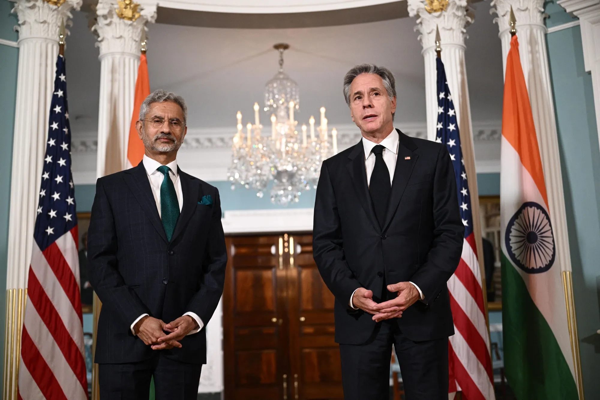 Antony Blinken, right, with Subrahmanyam Jaishankar in the Treaty Room of the State Department in Washington, DC, on Sept. 28. 