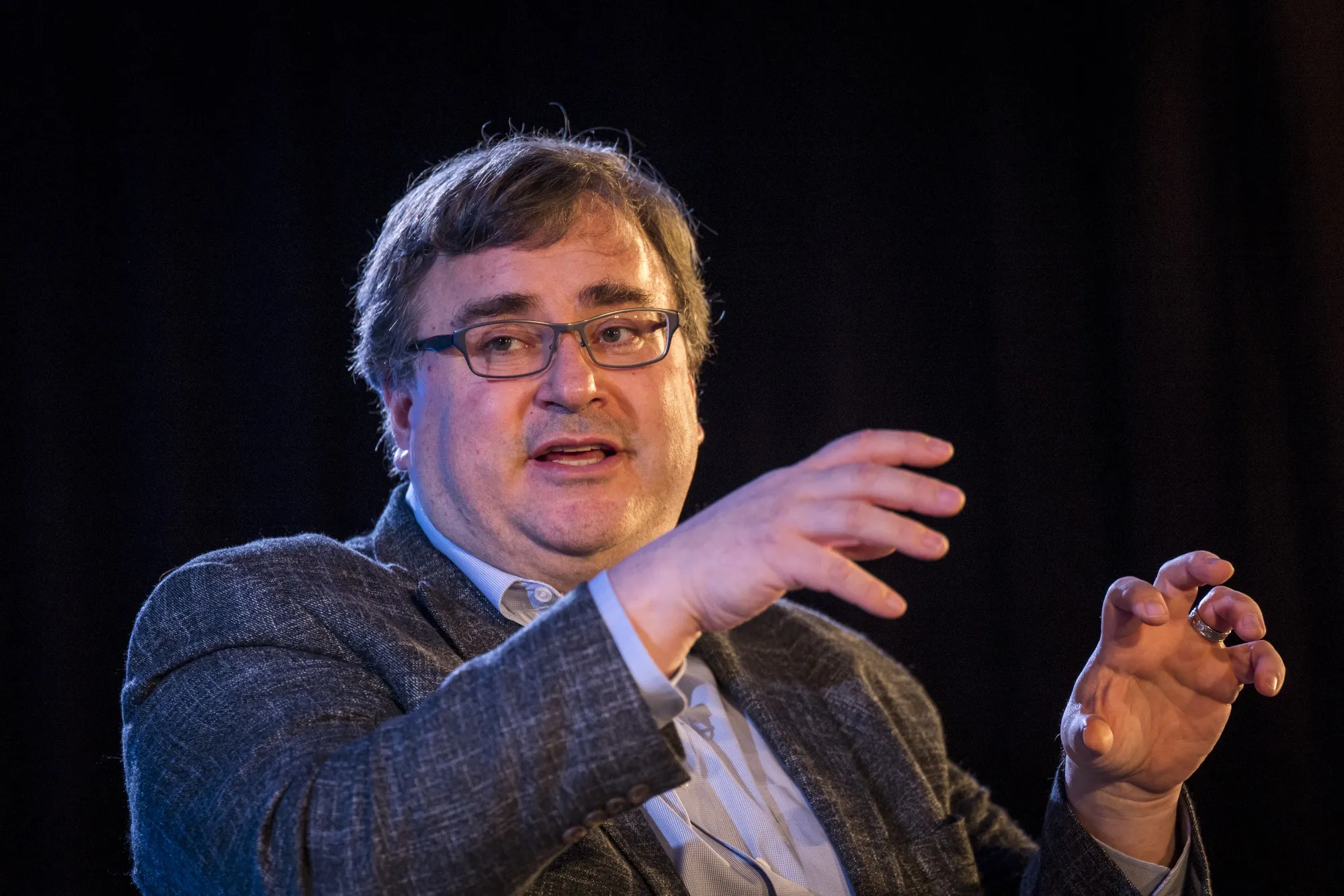 Reid Hoffman speaks at a forum in San Francisco on April 16, 2019.