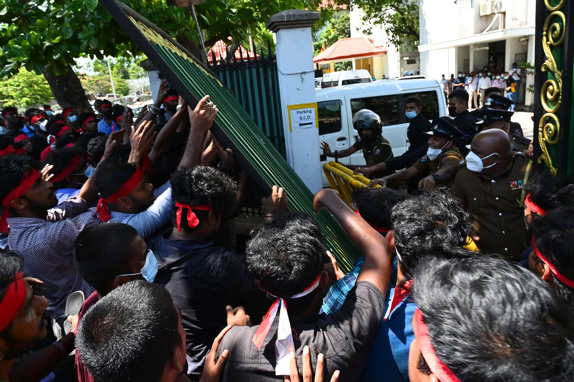 Medical students protest against Sri Lanka's crippling economic crisis, outside the Health Ministry in Colombo on April 6.