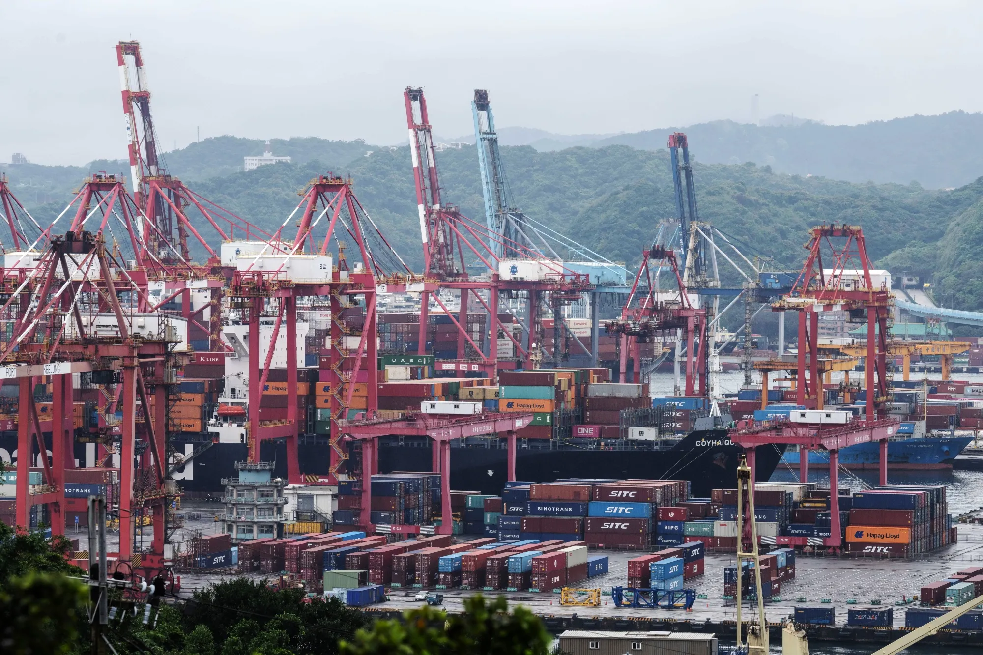 Gantry cranes at the Port of Keelung in Keelung, Taiwan.