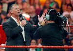 Vince McMahon appears in the ring during the WWE Monday Night Raw show.
