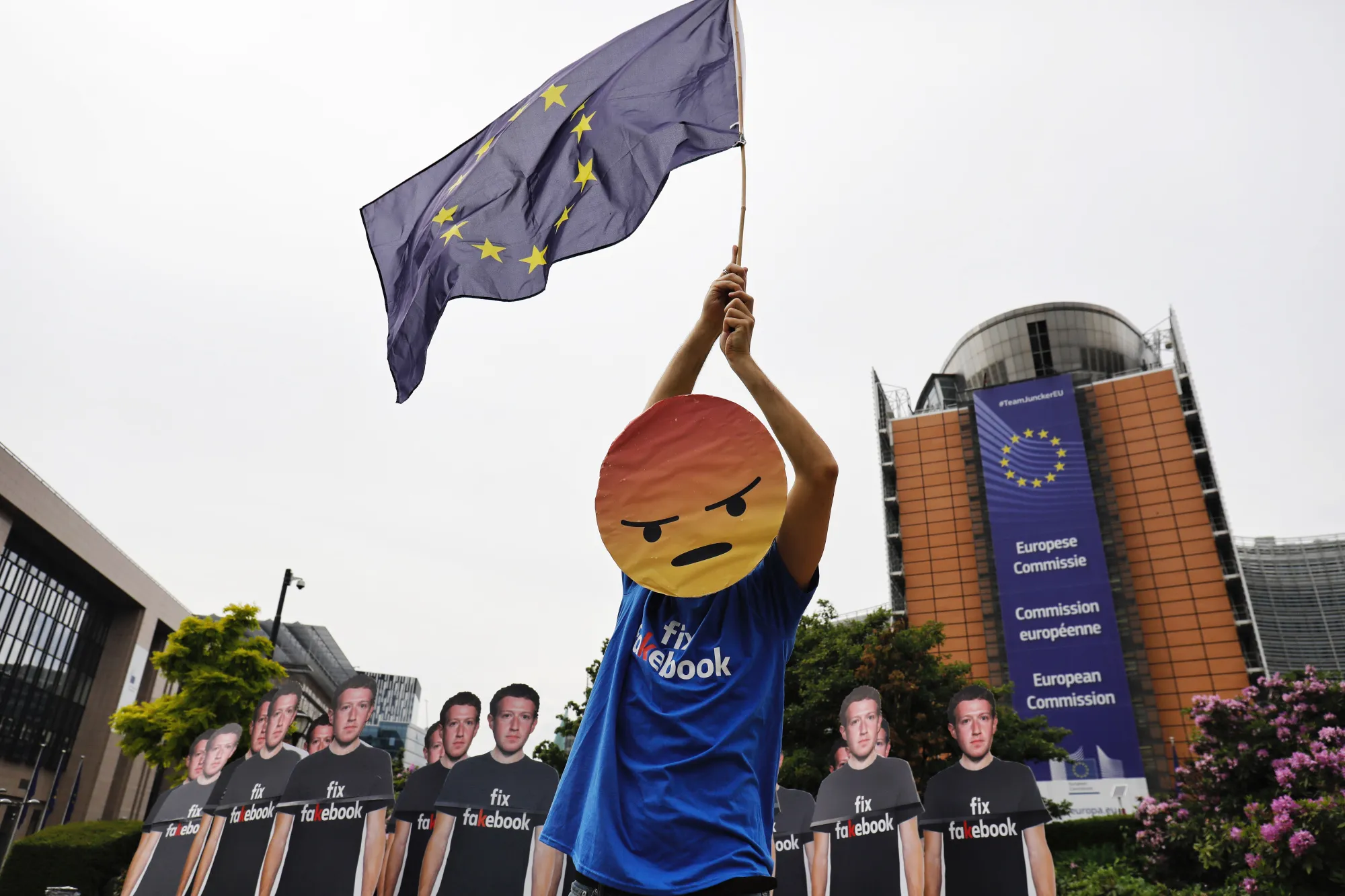 Protesters&nbsp;ahead of Zuckerberg’s&nbsp;testimony&nbsp;in Brussels in May.
