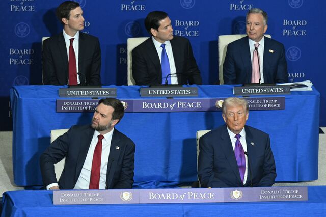 (Clockwise from bottom right) Trump, US Vice President JD Vance, Jared Kushner, US Secretary of State Marco Rubio, and White House Special Envoy Steve Witkoff attend the inaugural meeting of the Board of Peace at the US Institute of Peace in Washington, DC, on Feb. 19, 2026. 
