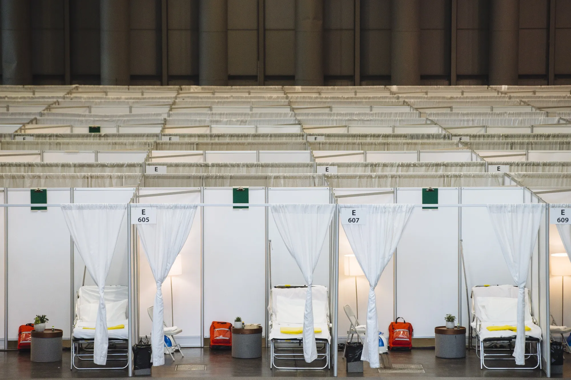 Rooms for patients are set up at a temporary hospital in the Jacob Javits Convention Center in New York.