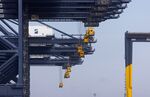 Idle gantry cranes during a strike at the Port of Felixstowe.
